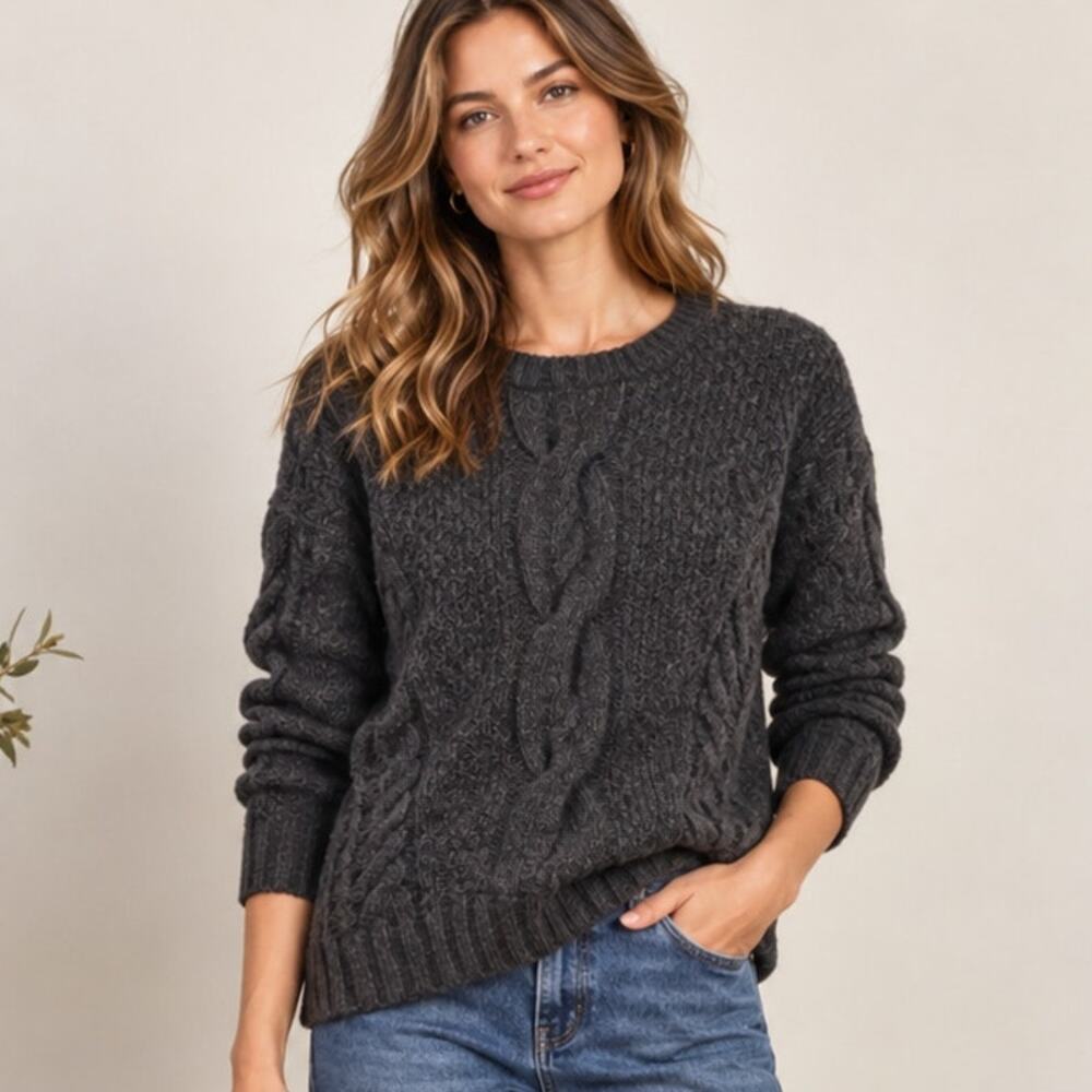 Vince Women's M 50% Yak Wool Cable Openwork Knit Sweater Charcoal Gray #72658